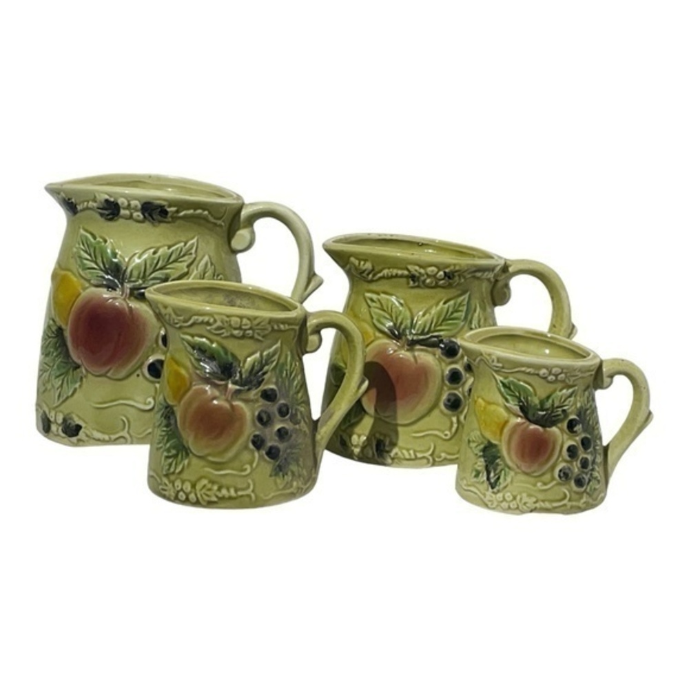 1960’s Enesco Glazed Porcelain Measuring Cups Embossed Fruit 1, 1/2, 1/4. 1/8 Cu